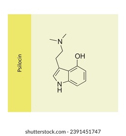 Psilocin molecular structure, skeletal formula diagram on yellow background. Scientific EPS10 vector illustration.