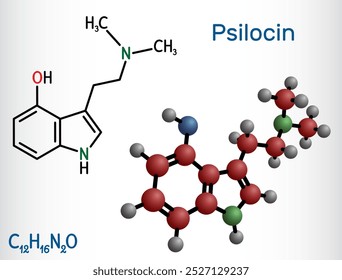 Psilocin molecule. Psychoactive compound in certain species of mushrooms. Structural chemical formula, molecule model. Vector illustration