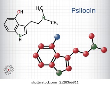 Psilocin molecule. Psychoactive compound in certain species of mushrooms. Sheet of paper in a cage. Vector illustration