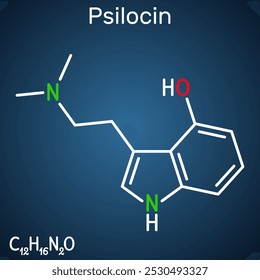 Psilocin molecule. Psychoactive compound in certain species of mushrooms. Structural chemical formula, dark blue background. Vector illustration