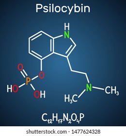 Psilocybin alkaloid molecule. It is naturally psychedelic prodrug. Structural chemical formula on the dark blue background. Vector illustration