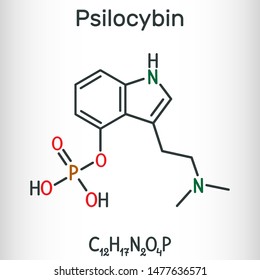 Psilocybin alkaloid molecule. It is naturally psychedelic prodrug. Structural chemical formula. Vector illustration