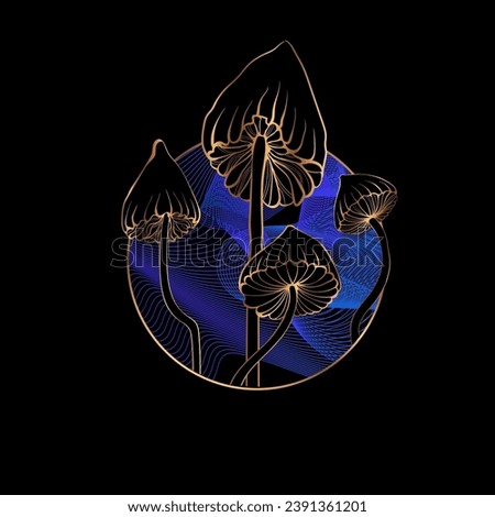 Psilocybin magic mushrooms. Goa trance music, hanging out, shindig, going out, the gang, rave, get together, culture. Hippie Hashish 60s. Print, poster on a round psychedelic background