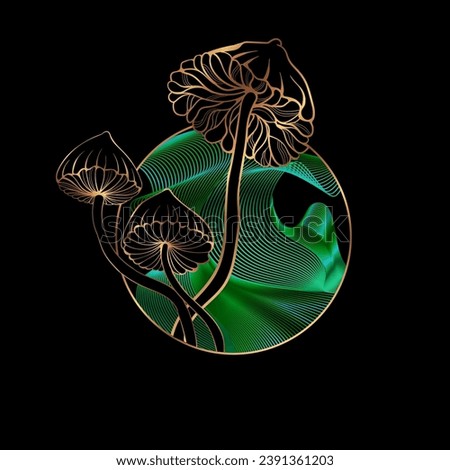 Psilocybin magic mushrooms. Goa trance music, hanging out, shindig, going out, the gang, rave, get together, culture. Hippie Hashish 60s. Print, poster on a round psychedelic background