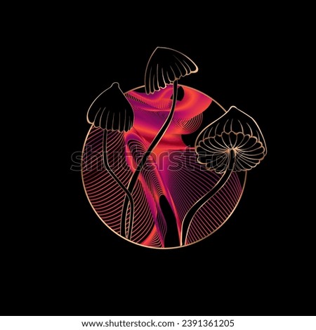 Psilocybin magic mushrooms. Goa trance music, hanging out, shindig, going out, the gang, rave, get together, culture. Hippie Hashish 60s. Print, poster on a round psychedelic background
