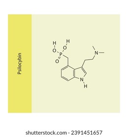 Psilocybin molecular structure, skeletal formula diagram on yellow background. Scientific EPS10 vector illustration.