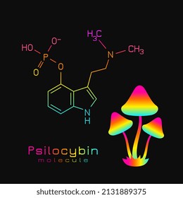 Psilocybin molecule, chemical formula with magic mushrooms illustration over black background