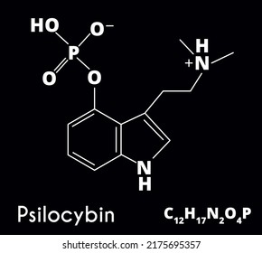 Psilocybin-Molekül einzeln auf schwarzem Hintergrund. Freizeitdroge. Vektorgrafik.