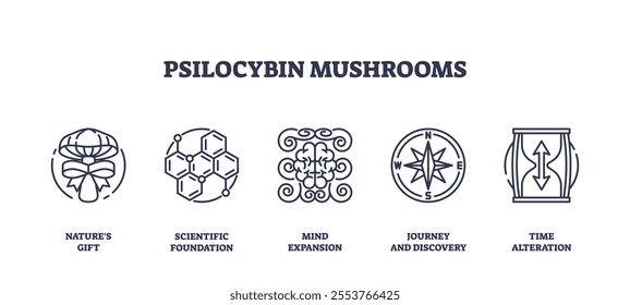 Psilocybin mushrooms icons symbolize natures gift, scientific foundation, and mind expansion. Outline icons set.