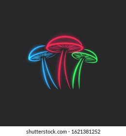 Psilocybin mushrooms logo glowing toxic neon, magic psychedelic colorful vector illustration, t-shirt print for apparel