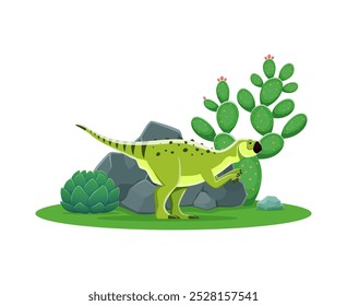 Psittacosaurus cartoon prehistoric dinosaur character. Isolated vector herbivore Ceratopsian reptile animal in natural environment with rock and cacti plants. ancient lizard from early cretaceous era