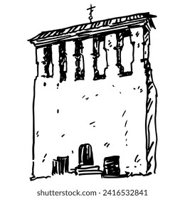 Pskov bell tower. Old Russian architecture. Church of the Dormition of the Theotokos at the Ferry. Church of the Assumption of the Blessed Virgin Mary with Paromenya. Hand drawn black and white sketch