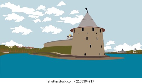 Torre del kremlin de Pskov con cielo azul nublado en segundo plano. Río en primer plano. Pskov. Ilustración vectorial de la ciudad.