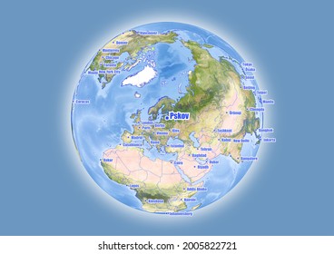 Pskov-Russia is shown on vector globe map. The map shows Pskov-Russia 's location in the world.