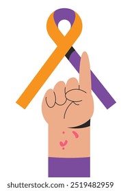 Día de Concienciación sobre la Psoriasis y enfermedades de la piel con el símbolo de la cinta delineada con color naranja y púrpura. Espectáculo de mano que representa el símbolo de la psoriasis. Ilustración vectorial plana.