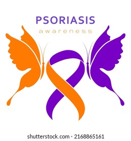 Psoriasis Awareness Month. Psoriasis Action Month. Support, celebration and dedication. Purple and orange ribbon