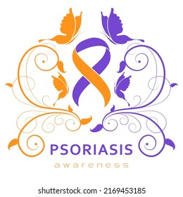 Psoriasis Awareness Month. Psoriasis Action Month. Support, celebration and dedication. Purple and orange ribbon