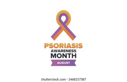 Psoriasis Awareness Month in August. Educate, inform, prevention in United States. Dermatology, skin body problems. Health care. Orchid and Orange ribbon. Poster, card, banner and background. Vector