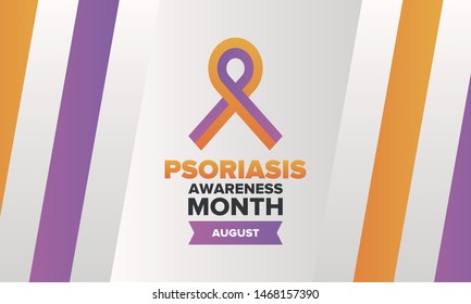 Psoriasis Awareness Month in August. Educate, inform, prevention in United States. Dermatology, skin body problems. Health care. Orchid and Orange ribbon. Poster, card, banner and background. Vector