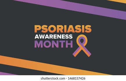 Psoriasis Awareness Month in August. Educate, inform, prevention in United States. Dermatology, skin body problems. Health care. Orchid and Orange ribbon. Poster, card, banner and background. Vector
