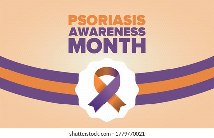 Psoriasis Awareness Month in August. Educate, inform, prevention in United States. Dermatology, skin body problems. Health care. Orchid and Orange ribbon. Poster, card, banner and background. Vector