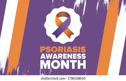 Psoriasis Awareness Month in August. Educate, inform, prevention in United States. Dermatology, skin body problems. Health care. Orchid and Orange ribbon. Poster, card, banner and background. Vector