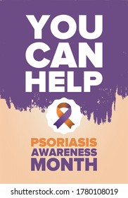 Psoriasis Awareness Month in August. Educate, inform, prevention in United States. Dermatology, skin body problems. Health care. Orchid and Orange ribbon. Poster, card, banner and background. Vector