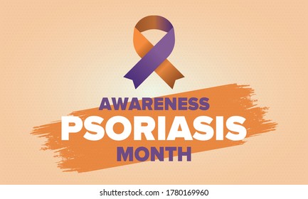 Psoriasis Awareness Month in August. Educate, inform, prevention in United States. Dermatology, skin body problems. Health care. Orchid and Orange ribbon. Poster, card, banner and background. Vector