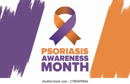 Psoriasis Awareness Month in August. Educate, inform, prevention in United States. Dermatology, skin body problems. Health care. Orchid and Orange ribbon. Poster, card, banner and background. Vector