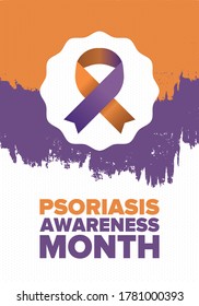 Psoriasis Awareness Month in August. Educate, inform, prevention in United States. Dermatology, skin body problems. Health care. Orchid and Orange ribbon. Poster, card, banner and background. Vector