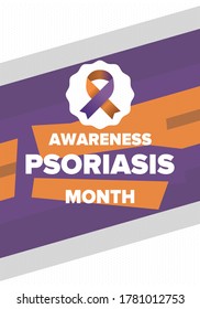 Psoriasis Awareness Month in August. Educate, inform, prevention in United States. Dermatology, skin body problems. Health care. Orchid and Orange ribbon. Poster, card, banner and background. Vector