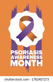 Psoriasis Awareness Month in August. Educate, inform, prevention in United States. Dermatology, skin body problems. Health care. Orchid and Orange ribbon. Poster, card, banner and background. Vector
