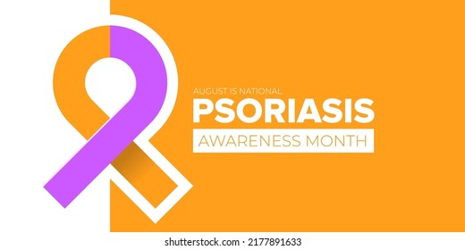Psoriasis awareness month concept horizontal banner design template with yellow and violet ribbon and text. August is national Psoriasis awareness month vector flyer or poster background