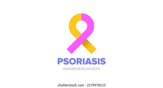 Psoriasis awareness month concept horizontal banner design template with yellow and violet ribbon and text isolated on white background. August is Psoriasis awareness month vector flyer or poster