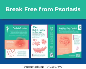 Psoriasis freedom holistic healing break free medical care poster design template set vector illustration. Healthcare medicine skin illness sickness autoimmune dermatology epidermis disease