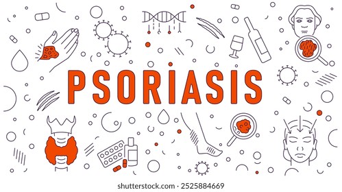 Póster de psoriasis con icono lineal. Impresión de dermatitis médica. Placas eritematosas Anuncio paisajístico. Parches queratóticos. Enfermedad psoriásica Diseño de la cubierta. Ilustración vectorial aislada sobre fondo blanco