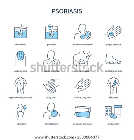 Psoriasis symptoms, diagnostic and treatment vector icons. Medical icons.	