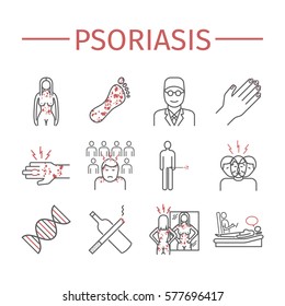 Psoriasis. Symptoms, Treatment. Line icons set. Vector signs for web graphics.