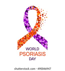 Psoriatic arthritis awareness poster with a purple and orange ribbon made of dots on white background. Vector illustration.