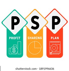 PSP - Plan de reparto de beneficios  
acrónimo. fondo de concepto de negocio.  concepto de ilustración vectorial con palabras clave e iconos. ilustración con iconos para banner web, volante, aterrizaje 