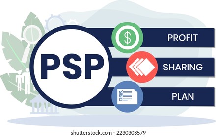 PSP - Akronym für Gewinnbeteiligung. Hintergrund des Unternehmenskonzepts. Vektorgrafik-Konzept mit Schlagwörtern und Symbolen. Buchstabengrafik mit Symbolen für Webbanner, Flyer, Landung