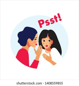 Psst text. Two girls gossiping vector illustration. One excited girl whispers secret to her friend.