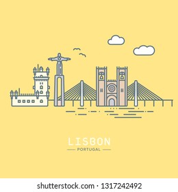 Pstel colored Line Icon style Lisbon cityscape and landmarks flat vector illustration