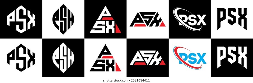 PSX letter logo design in six style. PSX polygon, circle, triangle, hexagon, flat and simple style with black and white color variation letter logo set in one artboard. PSX minimalist and classic logo