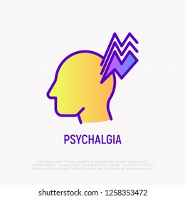 Psychalgia thin line icon: headache as symptom of neurosis. Modern vector illustration of mental illness.