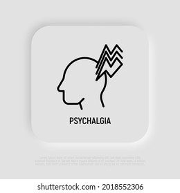 Icono de línea delgada de psichalgia: dolor de cabeza como síntoma de neurosis. Dolor psicogénico. Enfermedad mental. Ilustración vectorial.
