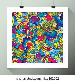 Psychdelic Art Poster Painting Art White Frame Hanging on the Wall with Binder Clips and Ropes Mock Up Template Layout Vector Art Design