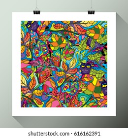 Psychdelic Art Poster Painting Art White Frame Hanging on the Wall with Binder Clips and Ropes Mock Up Template Layout Vector Art Design