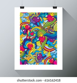 Psychdelic Art Poster Painting Art White Frame Hanging on the Wall with Binder Clips and Ropes Mock Up Template Layout Vector Art Design