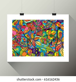 Psychdelic Art Poster Painting Art White Frame Hanging on the Wall with Binder Clips and Ropes Mock Up Template Layout Vector Art Design